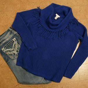 Chico's cobalt blue cowl sweater with fringe